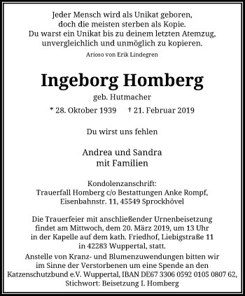 Traueranzeige von Ingeborg Homberg von trauer.wuppertaler-rundschau.de