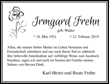 Traueranzeige von Irmgard Frehn von trauer.extra-tipp-moenchengladbach.de