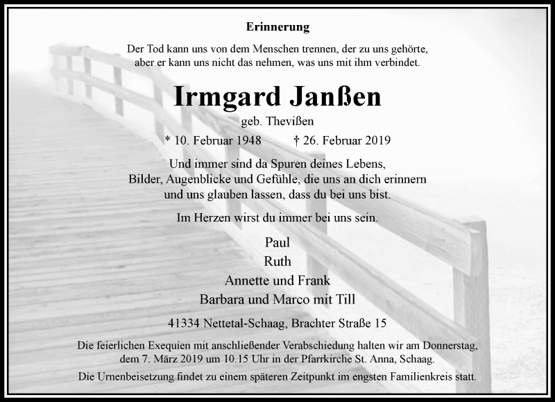  Traueranzeige für Irmgard Janßen vom 03.03.2019 aus trauer.extra-tipp-moenchengladbach.de