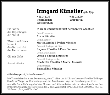 Traueranzeige von Irmgard Küntler von trauer.wuppertaler-rundschau.de