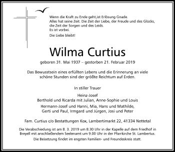 Traueranzeige von Wilma Curtius von trauer.extra-tipp-moenchengladbach.de