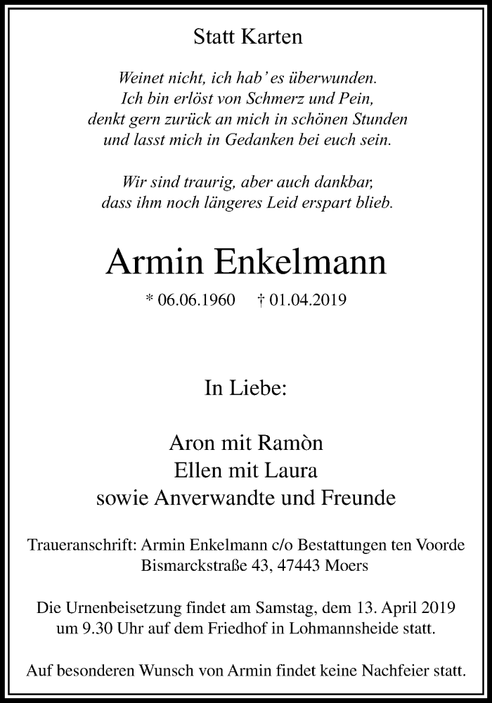  Traueranzeige für Armin Enkelmann vom 07.04.2019 aus trauer.stadt-panorame.de