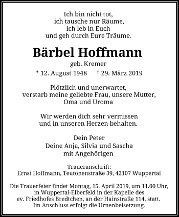 Traueranzeige von Bärbel Hoffmann von trauer.wuppertaler-rundschau.de