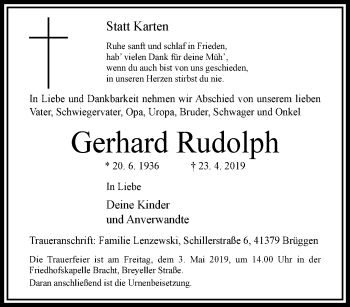 Traueranzeige von Gerhard Rudolph von trauer.extra-tipp-moenchengladbach.de