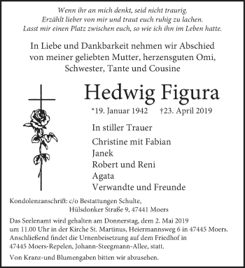 Traueranzeige von Hedwig Figura von trauer.stadt-panorame.de