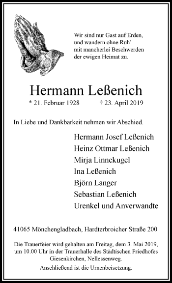 Traueranzeige von Hermann Leßenich von trauer.extra-tipp-moenchengladbach.de