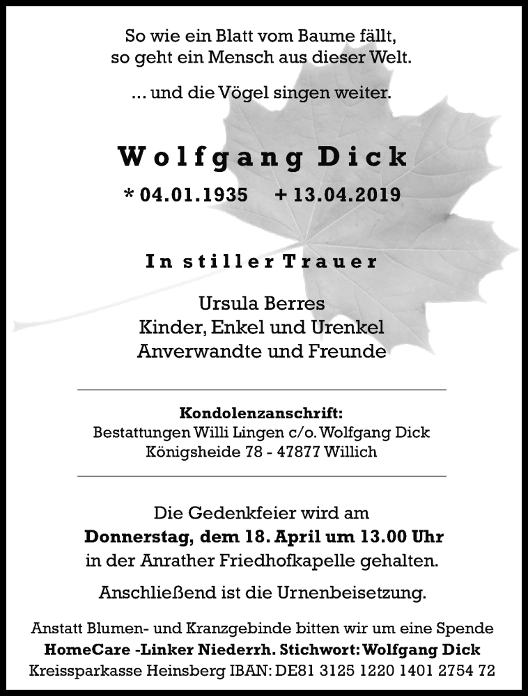  Traueranzeige für Wolfgang Dick vom 17.04.2019 aus trauer.extra-tipp-moenchengladbach.de