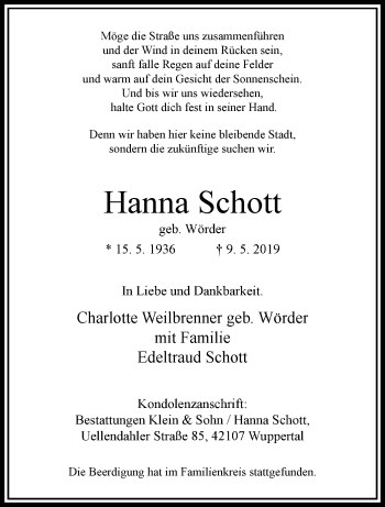 Traueranzeige von Hanna Schott von trauer.wuppertaler-rundschau.de