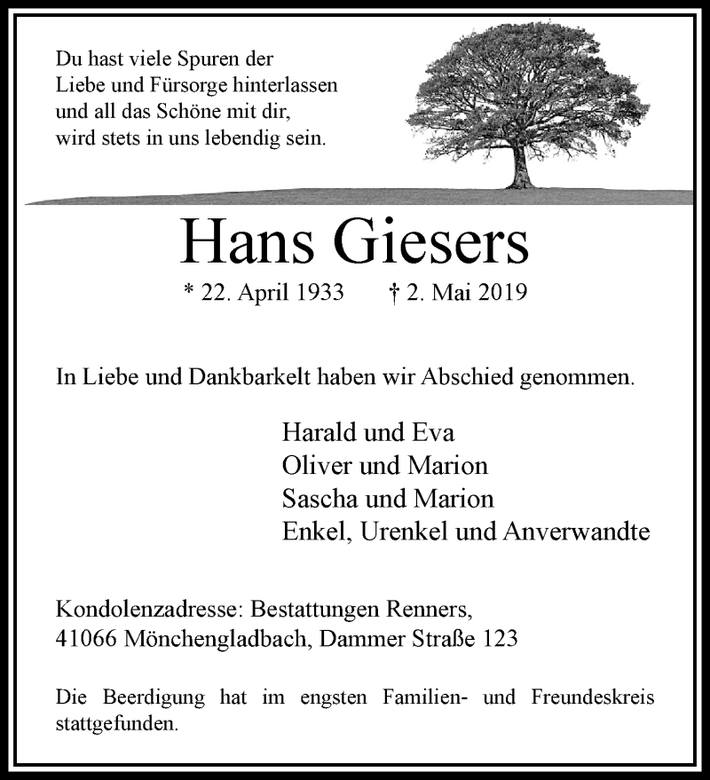  Traueranzeige für Hans Giesers vom 12.05.2019 aus trauer.extra-tipp-moenchengladbach.de