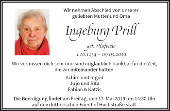 Traueranzeige von Ingeburg Prill von trauer.wuppertaler-rundschau.de