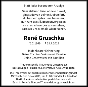 Traueranzeige von Rene Gruschka von trauer.wuppertaler-rundschau.de
