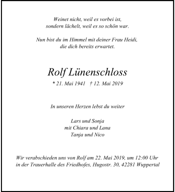 Traueranzeige von Rolf Lünenschloss von trauer.wuppertaler-rundschau.de