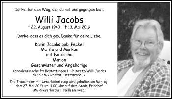 Traueranzeige von Willi Jacobs von trauer.extra-tipp-moenchengladbach.de