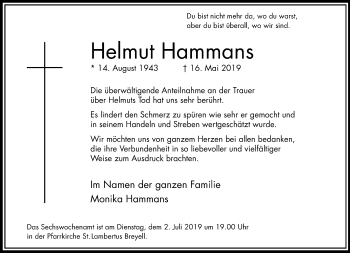 Traueranzeige von Helmut Hammans von trauer.extra-tipp-moenchengladbach.de