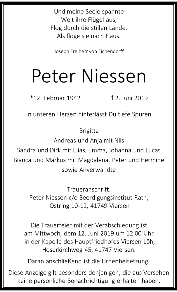  Traueranzeige für Peter Niessen vom 09.06.2019 aus trauer.extra-tipp-moenchengladbach.de