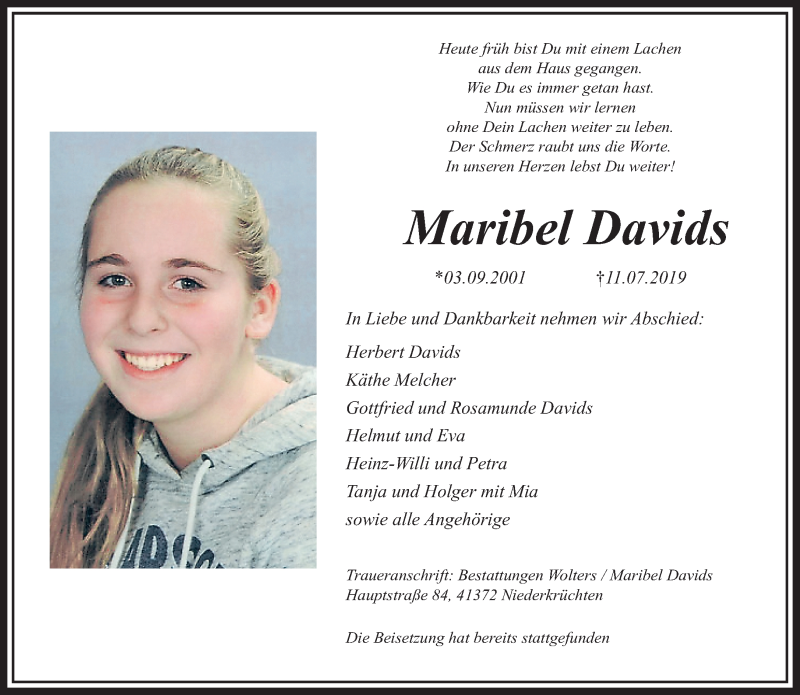  Traueranzeige für Maribel Davids vom 21.07.2019 aus trauer.extra-tipp-moenchengladbach.de