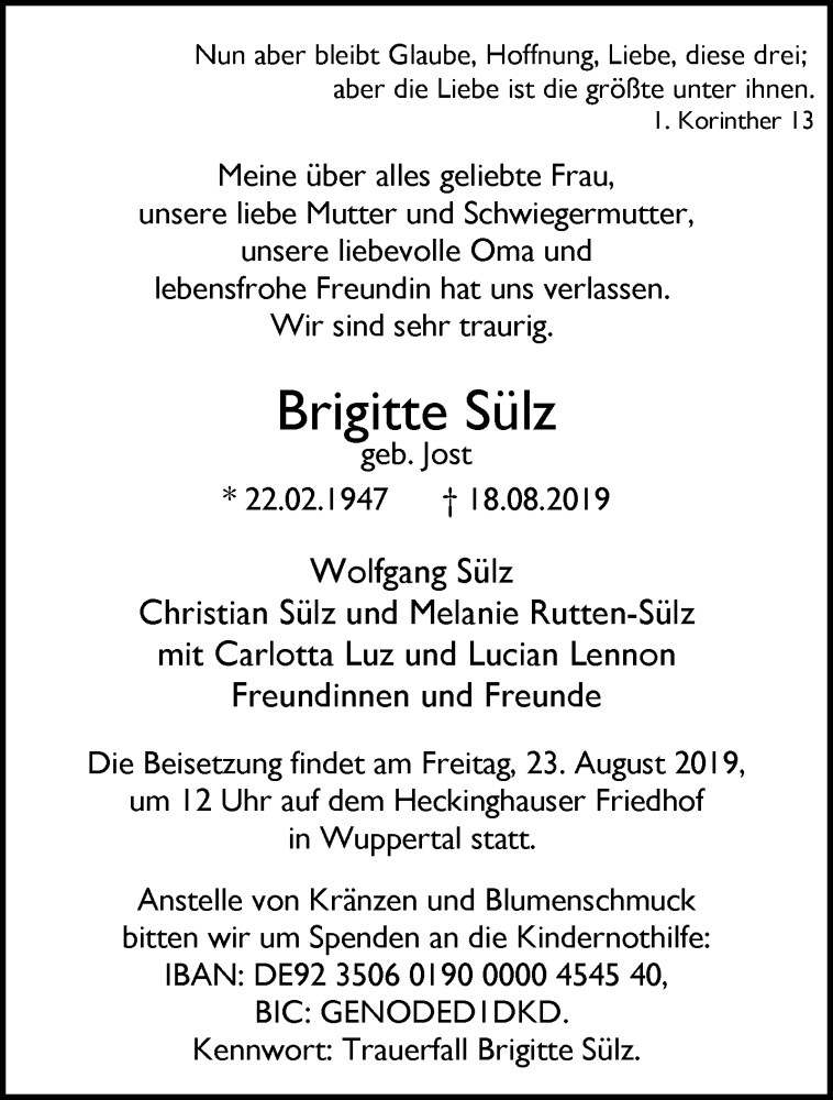  Traueranzeige für Brigitte Sülz vom 21.08.2019 aus trauer.wuppertaler-rundschau.de