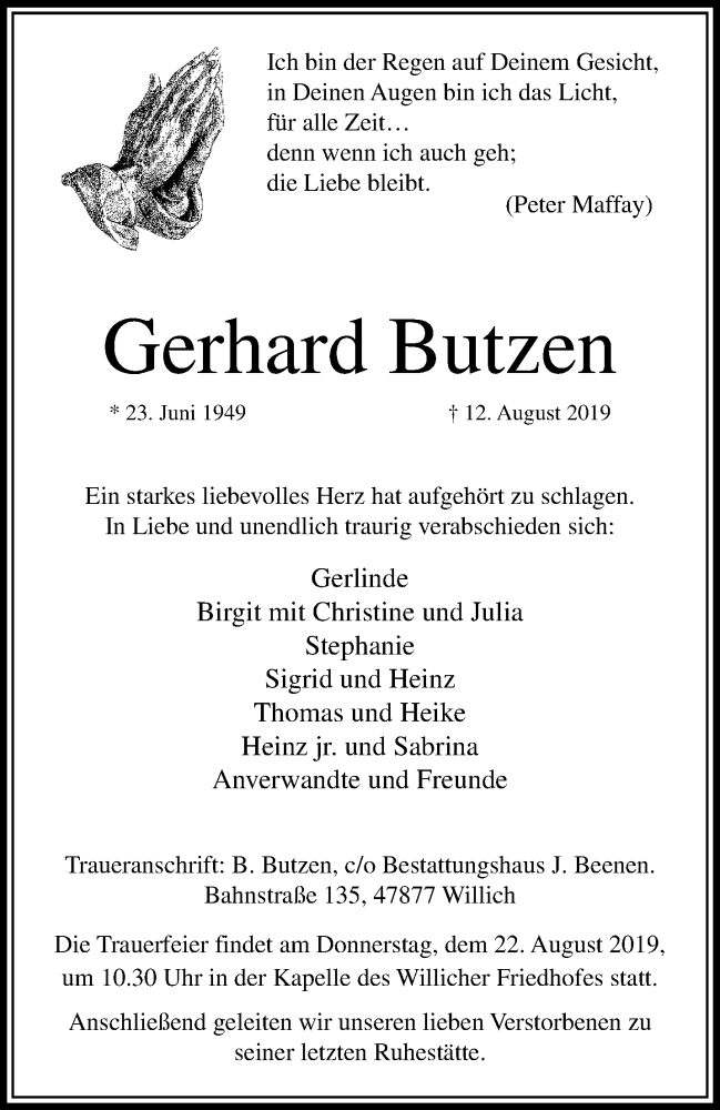  Traueranzeige für Gerhard Butzen vom 18.08.2019 aus trauer.extra-tipp-moenchengladbach.de
