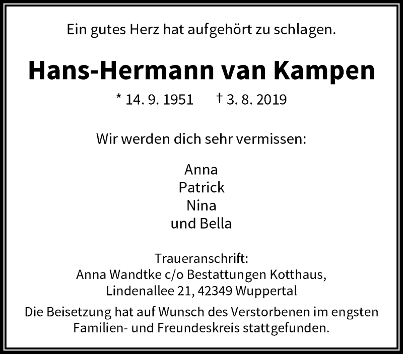  Traueranzeige für Hans-Hermann van Kampen vom 24.08.2019 aus trauer.wuppertaler-rundschau.de