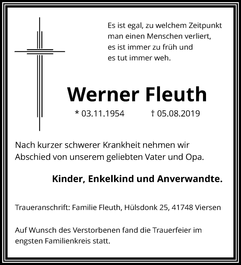  Traueranzeige für Werner Fleuth vom 18.08.2019 aus trauer.extra-tipp-moenchengladbach.de