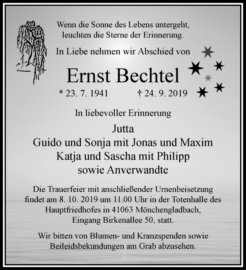  Traueranzeige für Ernst Bechtel vom 29.09.2019 aus trauer.extra-tipp-moenchengladbach.de