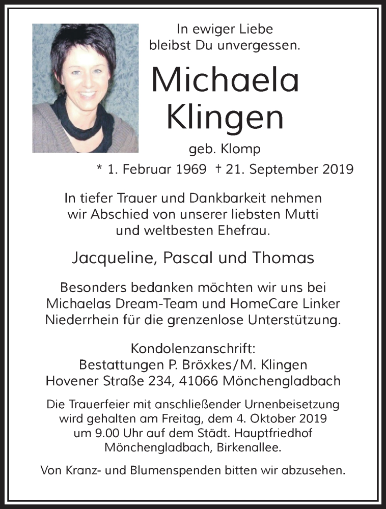  Traueranzeige für Michaela Klingen vom 29.09.2019 aus trauer.extra-tipp-moenchengladbach.de