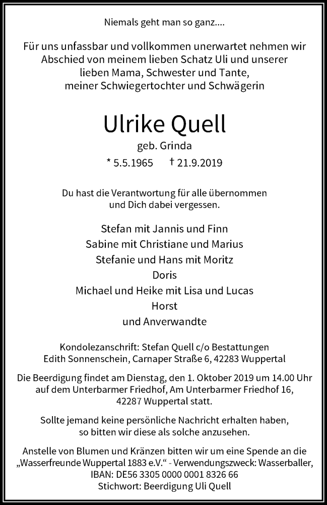  Traueranzeige für Ulrike Quell vom 28.09.2019 aus trauer.wuppertaler-rundschau.de