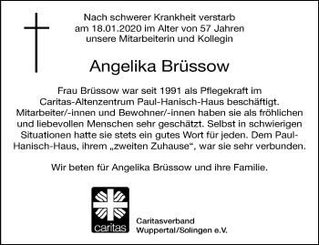 Traueranzeige von Angelika Brüssow von trauer.wuppertaler-rundschau.de