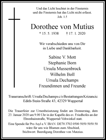 Traueranzeige von Dorothee von Mutzius von trauer.wuppertaler-rundschau.de