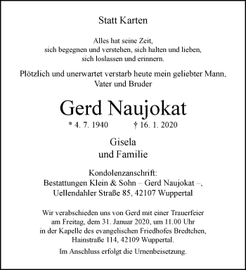 Traueranzeige von Gerd Naujokat von trauer.wuppertaler-rundschau.de