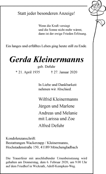 Traueranzeige von Gerda Kleinermanns von trauer.extra-tipp-moenchengladbach.de