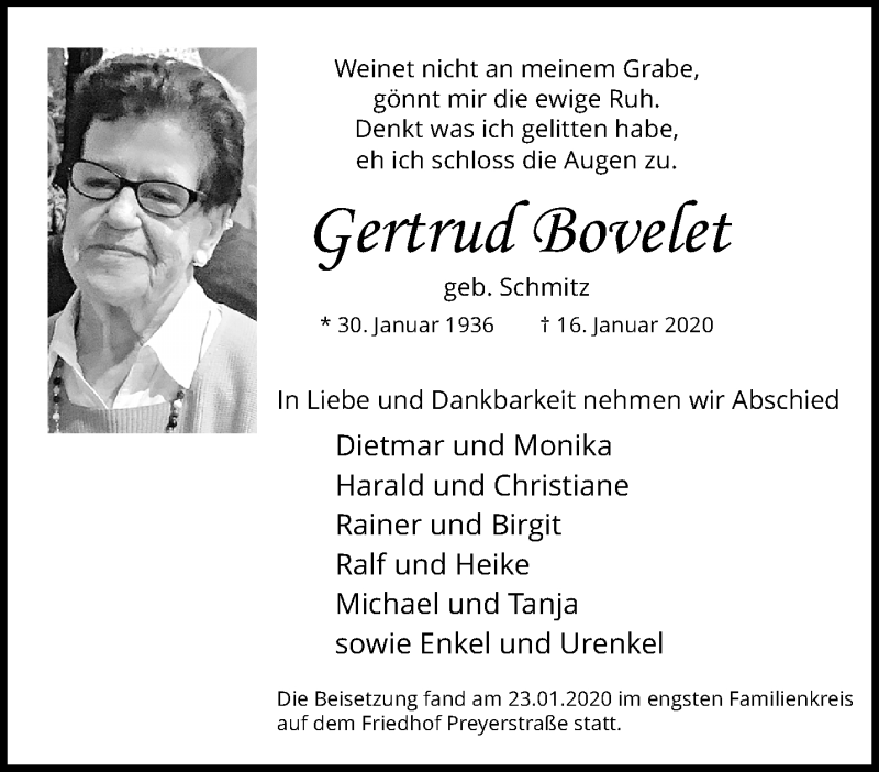  Traueranzeige für Gertrud Bovelet vom 26.01.2020 aus trauer.extra-tipp-moenchengladbach.de