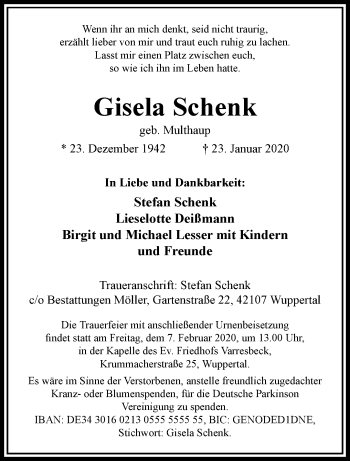 Traueranzeige von Gisela Schenk von trauer.wuppertaler-rundschau.de