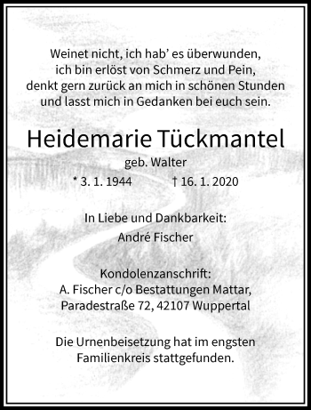 Traueranzeige von Heidemarie Tückmantel von trauer.wuppertaler-rundschau.de