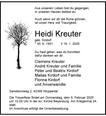 Traueranzeige von Heidi Kreuter von trauer.wuppertaler-rundschau.de