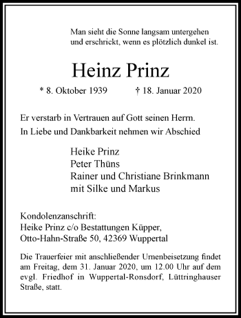 Traueranzeige von Heinz Prinz von trauer.wuppertaler-rundschau.de