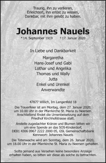 Traueranzeige von Johannes Nauels von trauer.extra-tipp-moenchengladbach.de
