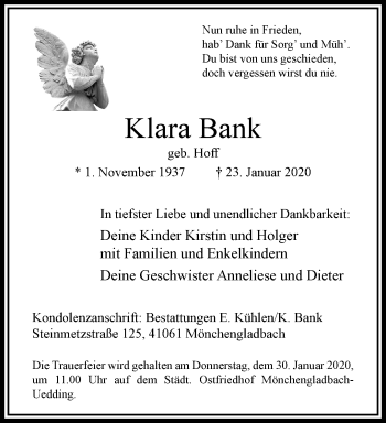 Traueranzeige von Klara Bank von trauer.extra-tipp-moenchengladbach.de