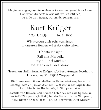Traueranzeige von Kurt Krüger von trauer.wuppertaler-rundschau.de