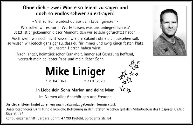  Traueranzeige für Mike Liniger vom 02.02.2020 aus trauer.mein.krefeld.de