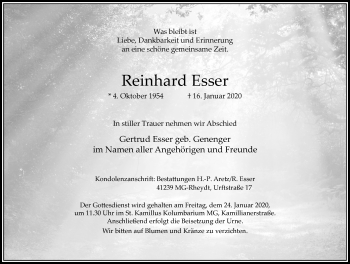 Traueranzeige von Reinhard Esser von trauer.extra-tipp-moenchengladbach.de