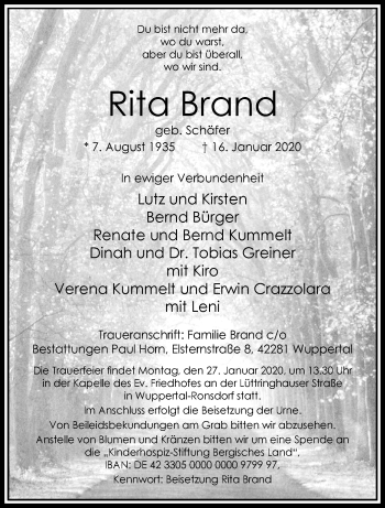 Traueranzeige von Rita Brand von trauer.wuppertaler-rundschau.de