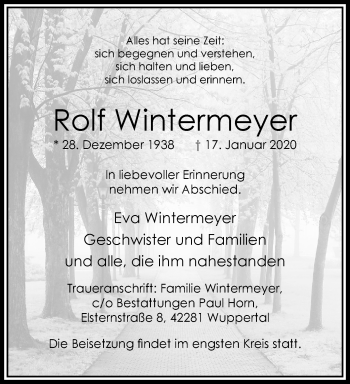 Traueranzeige von Rolf Wintermeyer von trauer.wuppertaler-rundschau.de