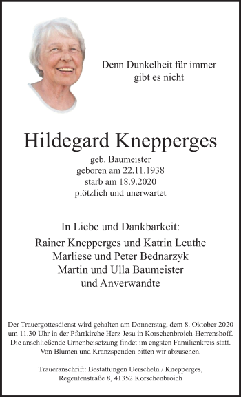Traueranzeige von Hildegard Knepperges von trauer.extra-tipp-moenchengladbach.de
