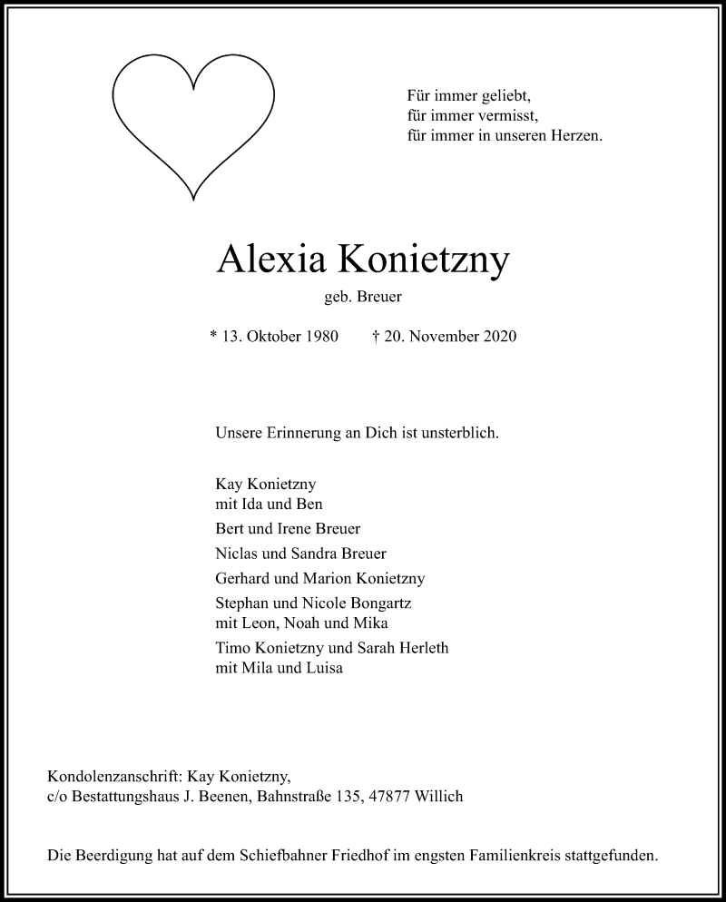  Traueranzeige für Alexia Konietzny vom 29.11.2020 aus trauer.extra-tipp-moenchengladbach.de