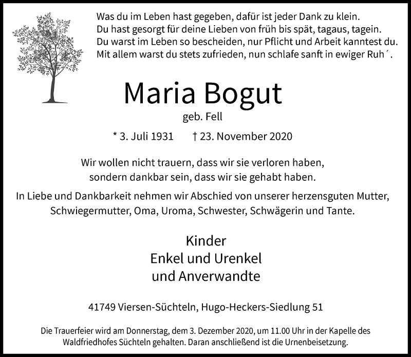  Traueranzeige für Maria Bogut vom 29.11.2020 aus trauer.extra-tipp-moenchengladbach.de