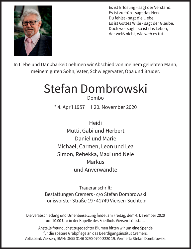  Traueranzeige für Stefan Dombrowski vom 29.11.2020 aus trauer.extra-tipp-moenchengladbach.de