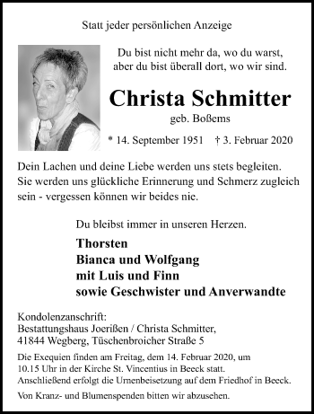 Traueranzeige von Christa Schmitter von trauer.extra-tipp-moenchengladbach.de