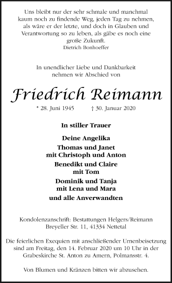 Traueranzeige von Friedrich Reimann von trauer.extra-tipp-moenchengladbach.de