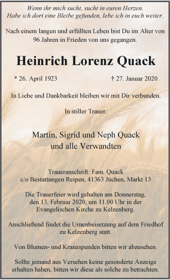 Traueranzeige von Heinrich Lorenz Quack von trauer.stadt-kurier.de